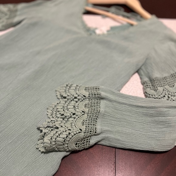 Soieblu Dresses & Skirts - Boho Crochet Bell Sleeve Sage Green Dress Cottagcore Coquett Whimsical Earthy